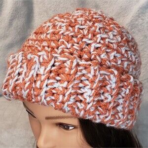Crochet Beanie Hat, Ribbed, Chunky,  New, Handmade, Unisex,  orange and grey